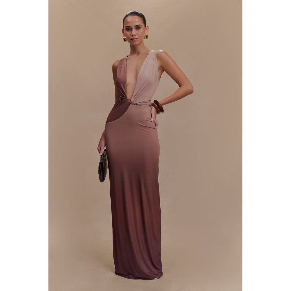 MESHKI Stella Mocha Ombre Draped Slinky Plunge Maxi Dress Size M